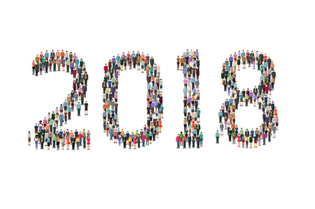 year 2018 numbers made of tiny standing casual people figuresのイラスト素材