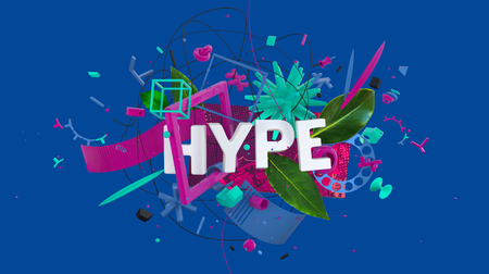 Attractive decorative composition with different strange shapes and objects and word Hype, 3D renderの写真素材