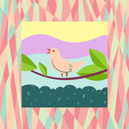 small bird is singing on a tree branch, minimalistic illustration with decorative frameのイラスト素材