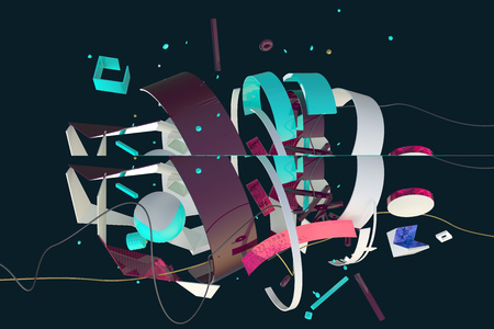 Abstract stylish 3D composition made of different shapes and objects in spaceの写真素材