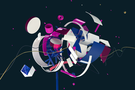 Abstract stylish 3D composition made of different shapes and objects in spaceの写真素材