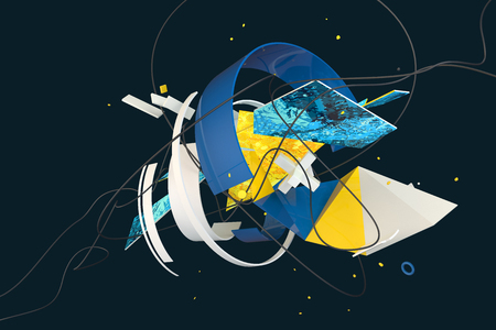 Abstract stylish 3D composition made of different shapes and objects in spaceの写真素材
