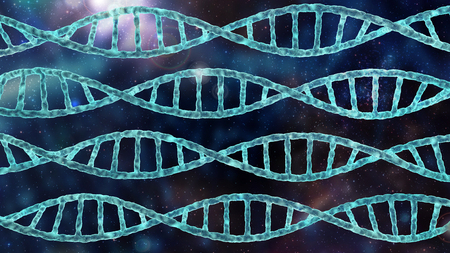 DNA molecular spirals in abstract glowing spaceの写真素材