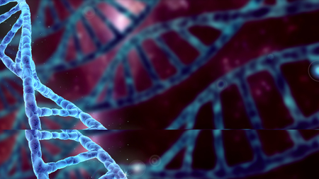 DNA molecular spirals in abstract glowing spaceの写真素材