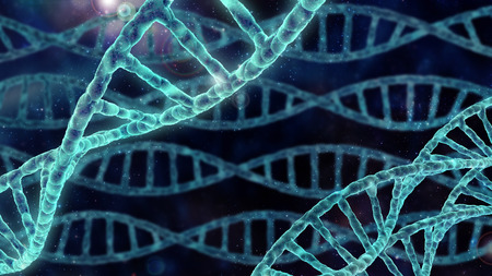 DNA molecular spirals in abstract glowing spaceの写真素材