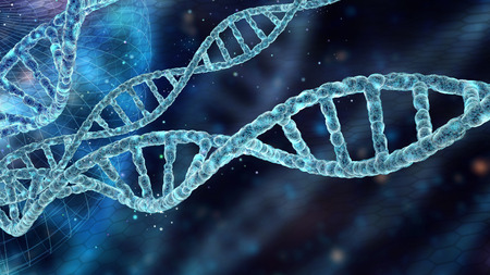 scientific background with DNA spiral molecules in blue spaceの写真素材