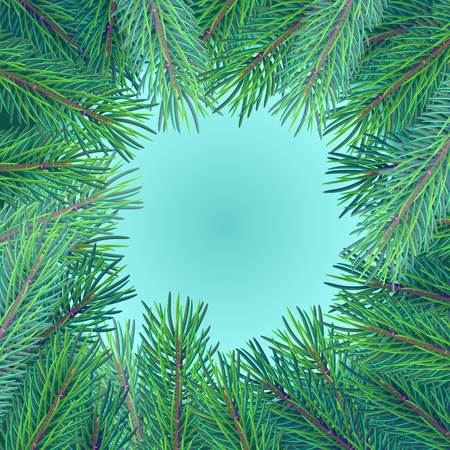 high detailed realistic green fur-tree branches forming a frame, vector seasonal backgroundのイラスト素材