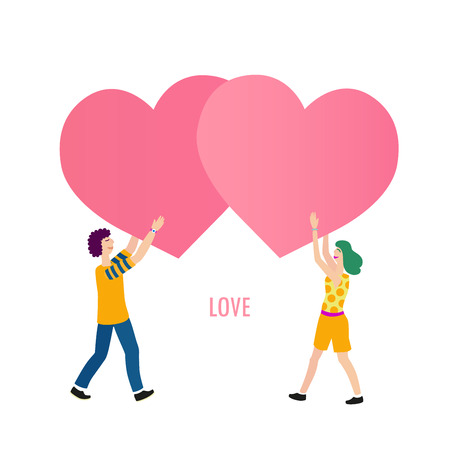 young man and woman bringing huge hearts to each other - conceptual vector illustration with stylized peopleのイラスト素材