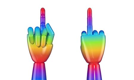 Artificial hand colored in rainbow gradient showing middle fingerの写真素材