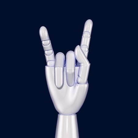 Isolated on blue artificial hand showing horns geistureの写真素材