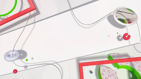 Different shapes and materials objects forming decorative graphic template, High resolution 3D rendered backgroundの写真素材