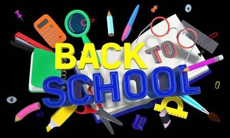 colorful composition with school related objects and Back-to-School textの写真素材