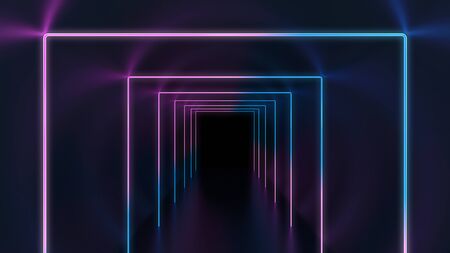 abstract technology background with glowing neon frames in the dark tunnelの写真素材