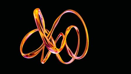 Yellow glossy gold-like metal shape twisted by special way isolated on black, trendy design element for your creative projects, high resolution 3D renderの写真素材