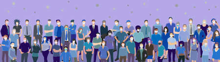 large horizontal web banner with crowd of people wearing masksのイラスト素材