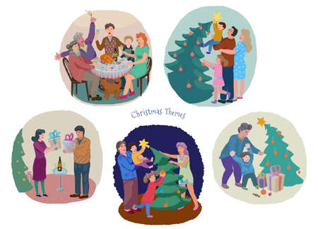 Christmas and New Year fest family celebration illustration setの写真素材