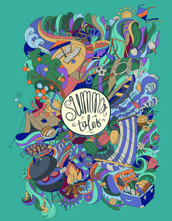 summer outdoor family activities objects illustrated compositionのイラスト素材