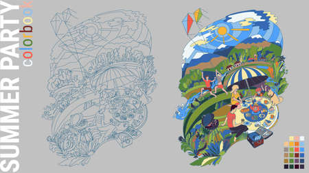Family having rest and summer activities outdoors, conceptual illustrationのイラスト素材