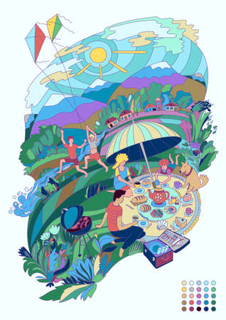 Family having rest and summer activities outdoors, conceptual illustrationのイラスト素材