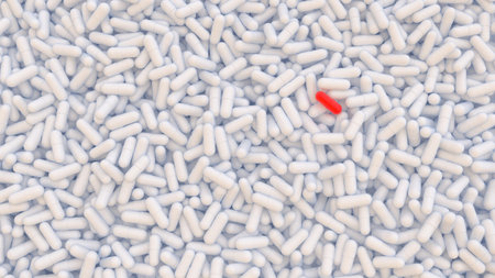 Medical background with heap of white pills and the red one