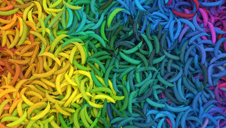 multicolored background with huge heap of bananas painted in different colorsの写真素材