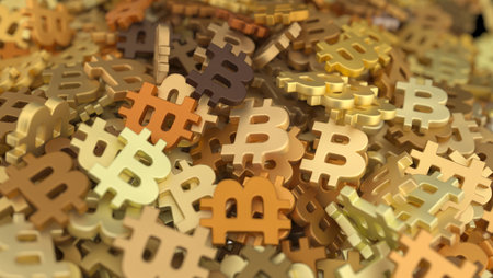 shiny metal cryptocurrency signs close up view, business backgroundの写真素材