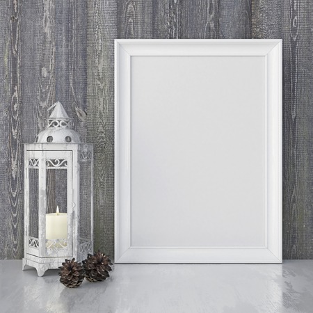 Vintage interior poster mock up with vertical white empty frame, candle lantern and pine cones. 3D...