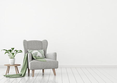 Simple urban jungle style interior with gray armchair, green plaid, tropical pattern pillow and plant on white wall background. 3D rendering.の写真素材