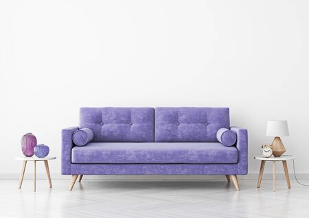 Living room interior with violet velvet sofa, vases and lamp on empty white wall background. 3D rendering.の写真素材