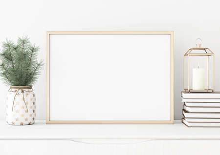 Horizontal poster mock up with golden frame, lantern, pile of books and pine branches in vase on...