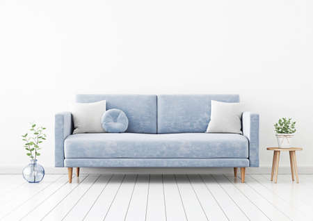 Living room interior wall mockup with blue velvet sofa, gray pillows, green plant branch in vase and coffee table with pot on empty white wall background. 3D rendering, illustration.の写真素材