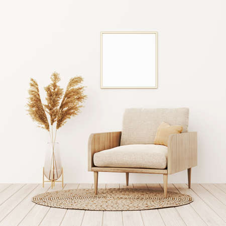 Square frame mockup in warm living room interior with beige armchair, pillow, wicker rug, dried...