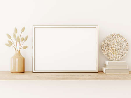 Poster art mockup with horizontal gold metal frame, dried grass in vase, basket plate and books on...
