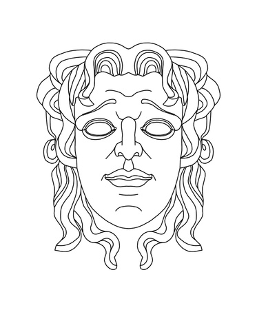 drawing of a male greek theatrical mask of a young sad manの写真素材