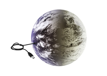 the planet earth connected to a wire with a usb portの写真素材