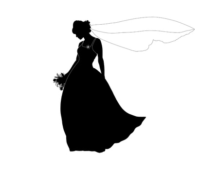 silhouette of a young beautiful bride with a bouquet of flowers and a long veilの写真素材