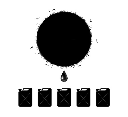 symbol of extraction of petroleum on the earth represented by a silhouette of the planet, a drop of petrol squeezed from it and some jerrycans waiting to be filled with fuelの写真素材