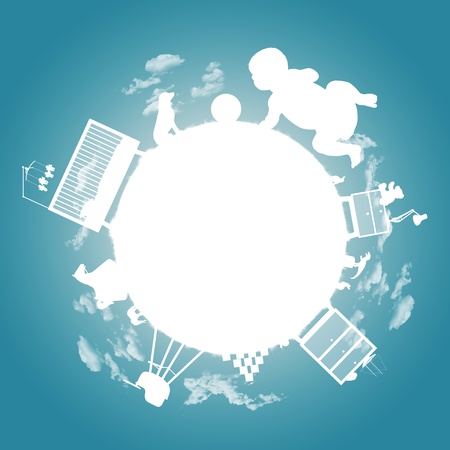 white silhouette of a little planet of a baby boy with his toys, bed, furniture and other property;...