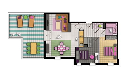 top view of an interior of three-room apartment with a terrace in pop style colors