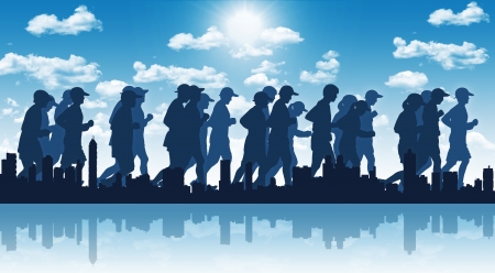 illustration of a marathon, people running on a big city silhouette background, sun shining and blue sky above themの写真素材