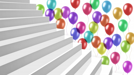 zoom on part a new white glossy stairs going up in diagonal perspective with lots of colorful balloons on backgroundの写真素材