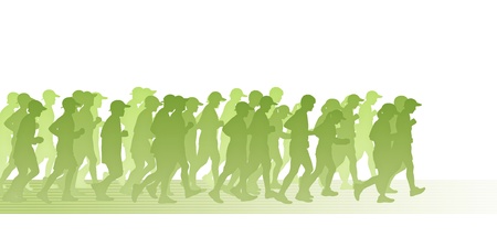 silhouette of a big group of people men and women running on a running track in green colors, symbol of a green movementの写真素材