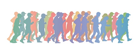 silhouette of a big group of people men and women running in pastel colorsの写真素材