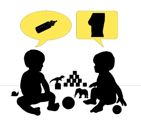 silhouettes of two cute little babies discussing on a subject of artificial nutrition and breastfeeding, text bubbles above them with symbols of both kinds of baby foodの写真素材