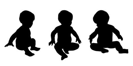 set of three realistic silhouettes of a little baby about 1 year old sitting in different posturesの写真素材