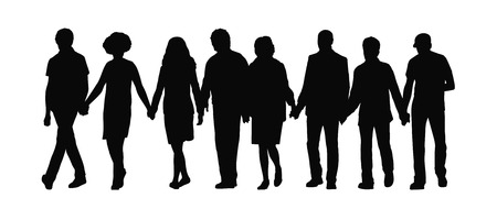 silhouette of group of people holding hands and walking Their together in a row front viewの写真素材