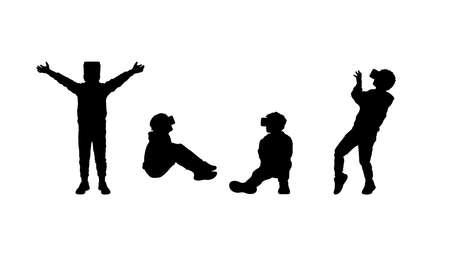 Vector silhouettes of a 8-12 years old boy in casual clothes in virtual reality headset.のイラスト素材