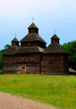 the wooden church in Pirogovo, Ukraineの写真素材