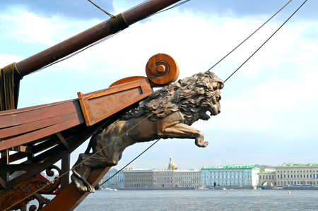 Lion-shaped rostrum on Neva river, St Petersburg, Russiaの写真素材