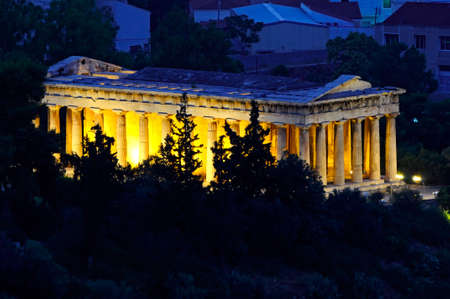 night view of Temple of Hephaestus in Athens, Greeceの写真素材
